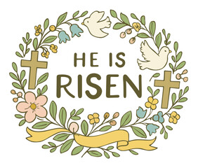 Traditional Easter wreath with circular pastel flowers, foliage, and symbolic objects, crosses, doves, and ribbons and elegant typography He is risen. Vector isolated illustration
