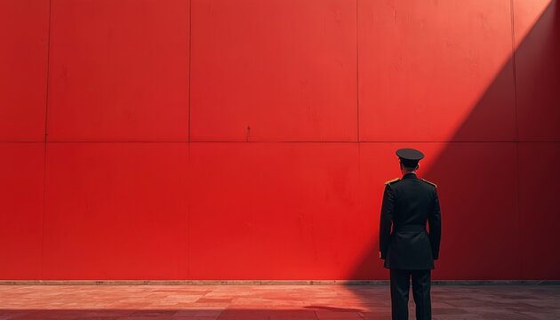 Man in uniform stands before a stark red wall. The geometric design of the wall and the lone figure suggest authority, control, and possibly isolation.