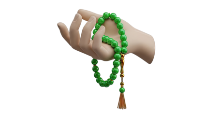 Hand Holding Green Prayer Beads with Gold Tassel