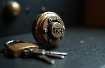 Antique brass dial lock with numbers 8704 and padlock with keys sit on dark surface. Metal combination lock used for safes and security boxes.