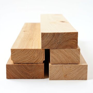 Pile of wood planks 2x4 size stacked neatly. Natural wood grain texture visible on lumber pieces. Construction materials for building and crafting projects.