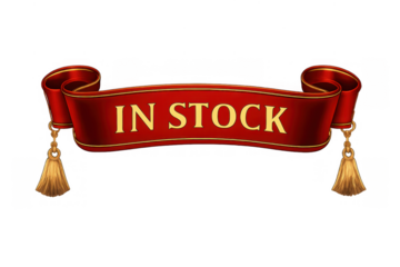 Red ribbon banner with golden tassels and in stock text, signifying product availability for retail and e-commerce marketing
