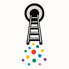 ladder to the portal; black steps rise into gray ring as colorful dots scatter like ideas in motion