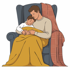 wrapped in rest; adult and child nestled in armchair beneath blankets in stylized moment of quiet care