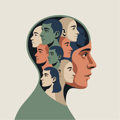 many within one; profile silhouette filled with faces in stylized reflection on identity and inner life