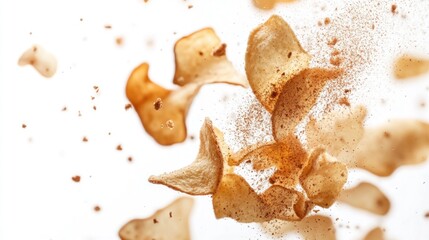 Crispy potato chips flying with seasoning on white background for food concept