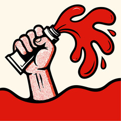 squeeze the spark; hand grips paint tube as red splash erupts in pop-art power and artistic force