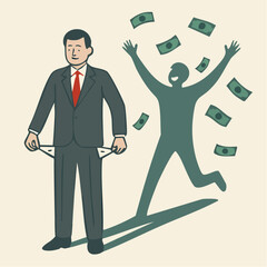 shadow of wealth; empty pockets and raised arms split reality and aspiration in silhouette of financial hope