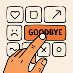 press goodbye; orange button glows on grid of symbols as hand makes a choice of feeling and farewell