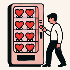 vending for love; coin in hand, hearts in rows, and a machine of affection in pink and red