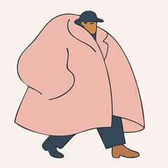 wrapped in pink; oversized coat and mismatched shoes turn a quiet figure into a soft style statement