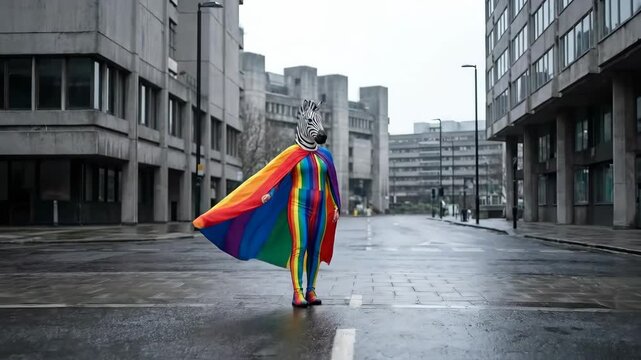 Zebra Head Figure Walking in Rainbow Cape and Jumpsuit on Grey Brutalist Street
