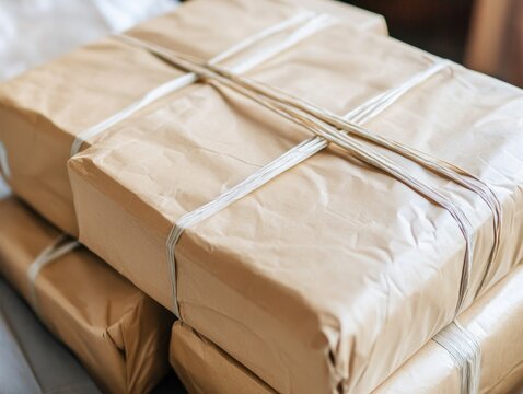 Close-up view of stacked brown paper packages wrapped in white string detail