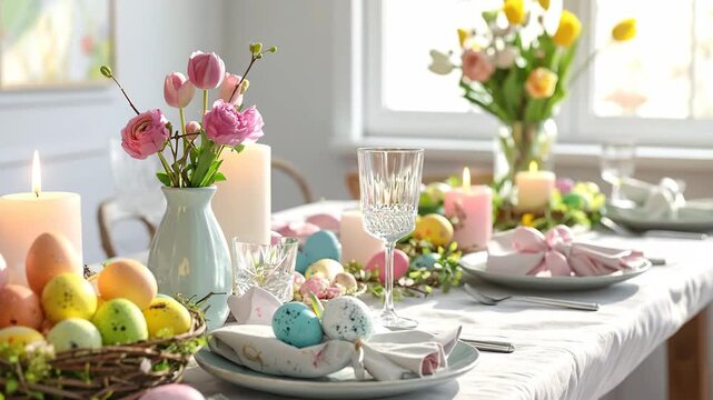Elegant table setting with painted eggs, flowers, and candles for a festive celebration.