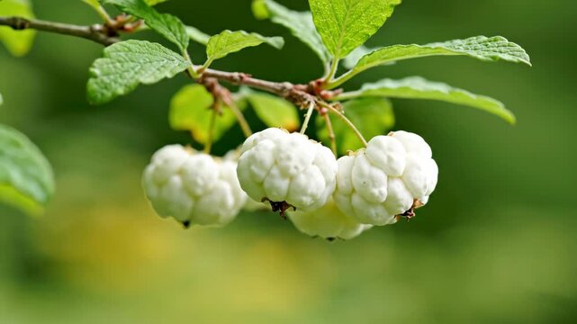A sprig with green leaves and white fruits hangs against a soft green background