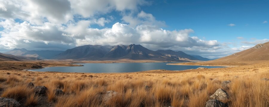 Expansive panorama of a calm lake surrounded by dry golden grass fields. Rugged mountains rise under a vast blue sky with dramatic clouds, creating a wild natural scene. - Powered by Adobe