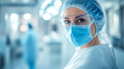Portrait of a professional female surgeon in sterile gear in an operating room