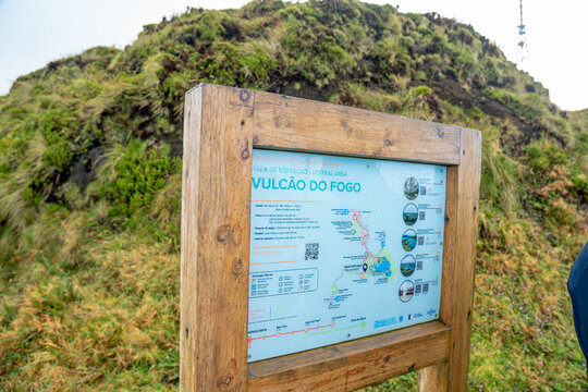 Fogo Volcano, information plaque seen from the Barrosa viewpoint, S&atilde;o Miguel Island, Azores, Portugal.
