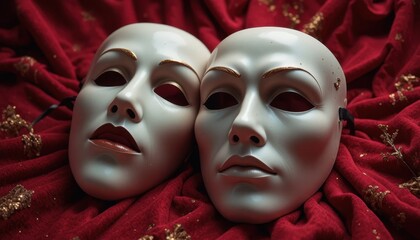 Obraz premium Masked Figures Rest on a Red Fabric With Golden Details in a Creative Art Display
