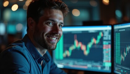 Man smiles working late. Trader analyzes stock market data on computer monitors. Focused professional checks financial charts and graphs on screens at night. Successful business career.