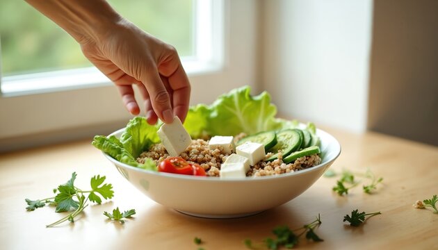 Hand adds cheese cubes to grain bowl with lettuce cucumber and tomato. Healthy plant based meal preparation, clean eating, balanced diet. Protein rich food choice.