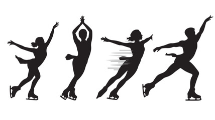 Fototapeta premium Figure Skaters Silhouettes Performing Dynamic Poses Isolated on White Vector Illustration