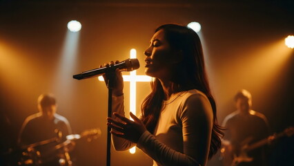 Woman singing with band on stage. Worship music concert in a church with a glowing cross. Christian praise and spiritual event. Baptist and Pentecostal services. Song to Jesus.