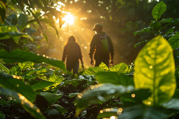 Two people hiking through a forest, lush green plants in the foreground, sunlight streaming through trees, creating a calm, natural atmosphere.