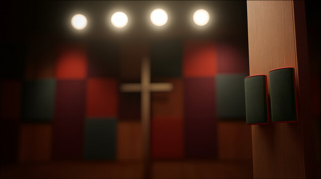 Professional Audio Speakers Mounted on a Wooden Pillar in a Modern Church Interior with Blurred Cross and Acoustic Panels