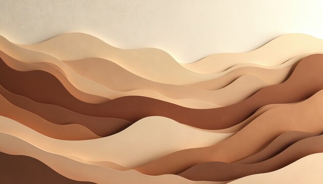 Layered paper cutouts create abstract desert dunes in warm earthy tones. Soft waves of brown beige, cream form gentle landscape with subtle shadows suggesting depth. Visual composition evokes