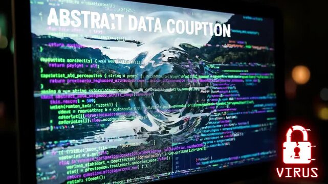 Computer Screen with Abstract Data Corruption and Red Virus Padlock Icon