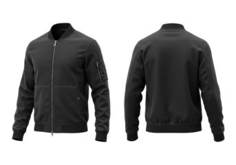 perfectly rendered black technical bomber jacket mockup (dual front/back view), ribbed accents, matte nylon texture, isolated on transparent studio background. concept for apparel branding