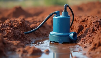 Blue submersible pump sits in muddy puddle on red dirt ground. Flexible pipe connects to pump, moving water for irrigation. Electric device transfers liquid efficiently.