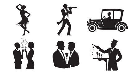 Roaring Twenties character silhouettes with elegant retro style in stark black and white vector format for vintage party design elements.