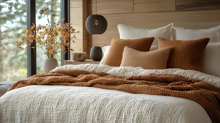 Cozy bedroom with textured linen bedding, autumnal decor, and large window.