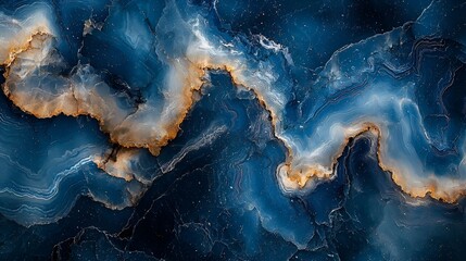 Abstract blue, gold, and white marble texture.