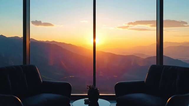 Modern interior with two chairs overlooking a mountain range at sunset.