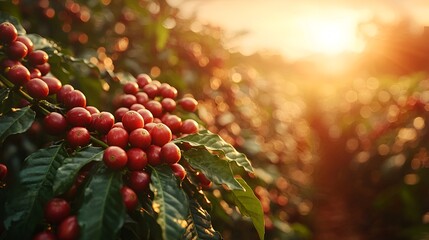 Ripe red coffee cherries on branch at sunset.