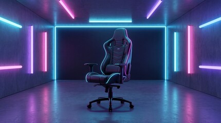 Gaming chair centered in empty room with cyberpunk lighting and futuristic mood
