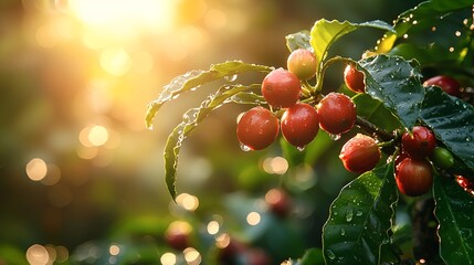 Ripe red coffee cherries on a branch at sunrise.