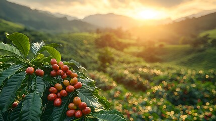 Sunset over lush coffee plantation with ripe berries.