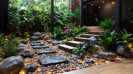 Tranquil garden path with stepping stones, lush greenery, and warm lighting.