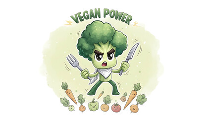 vegan power Lifestyle  Cartoon Broccoli Character With Utensils Promoting Vegan Lifestyle png isolated