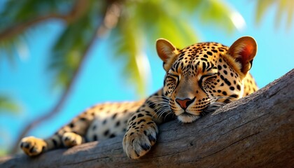 Spotted leopard rests on weathered tree branch. Tropical palm leaves and bright blue sky form background. Big cat naps peacefully during daytime in its natural habitat.
