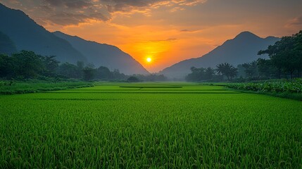 Sunset over lush green rice paddy fields in a valley between mountains.