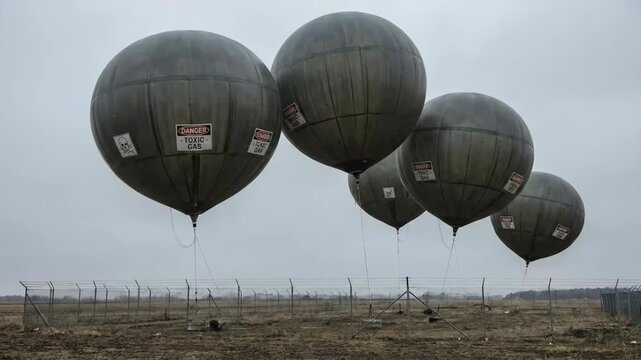 Large toxic gas balloons floating over dry fenced field with warning signs
