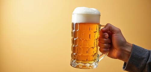 Man holds full glass mug of cold lager beer with thick white foam on top. Refreshing amber beverage with condensation in a pub or bar. Perfect for Oktoberfest celebrations or advertising.