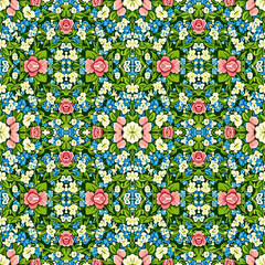 seamless floral pattern with pink roses blue and white flowers and green leaves for vintage textile prints and decor.