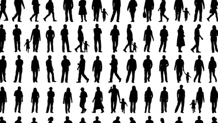 A large group of people silhouettes walking together in various directions on a white background