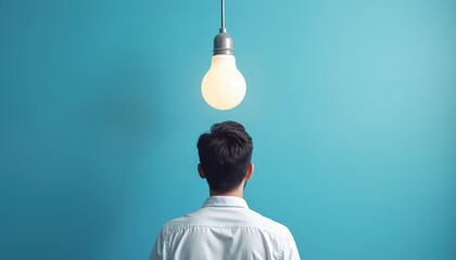 Man thinks of bright idea under glowing light bulb. Person ponders solution against blue background. Conceptual image of inspiration creativity and innovation.